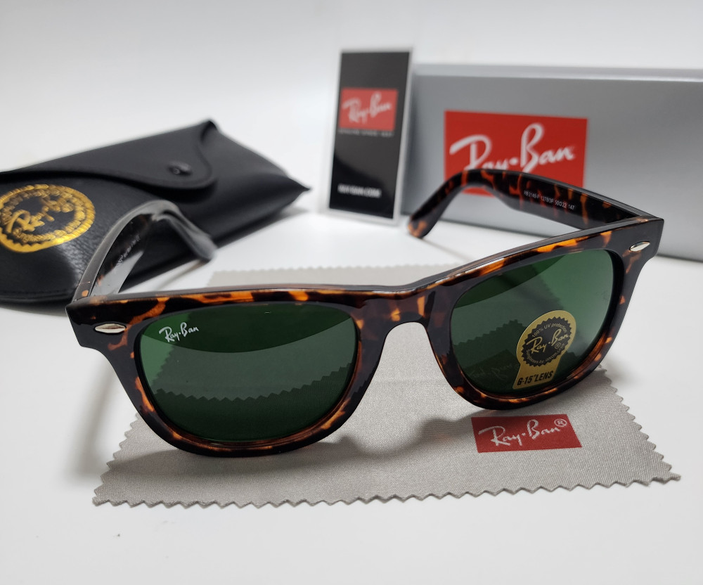 Ray-Ban Wayfarer RB2140 Sunglasses Glossy Black Frame Glass Green Lens 50mm