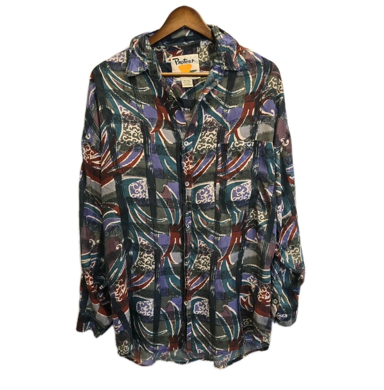 Vintage Protest 90s Silk Shirt Men’s M Long Sleeve Abstract Art Button Up