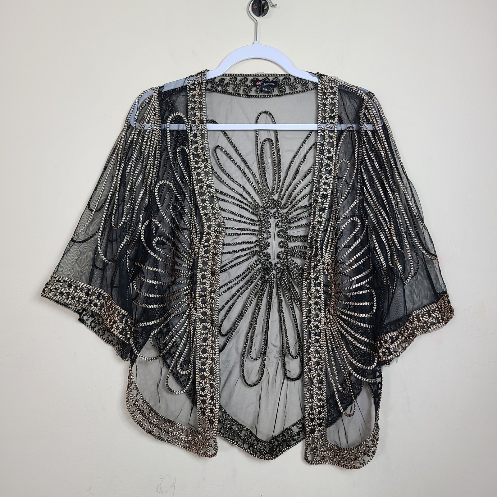 Black Gold Embroidered Sheer Womens S/M Shrug Art Deco Mesh Gatsby 1920s Boho