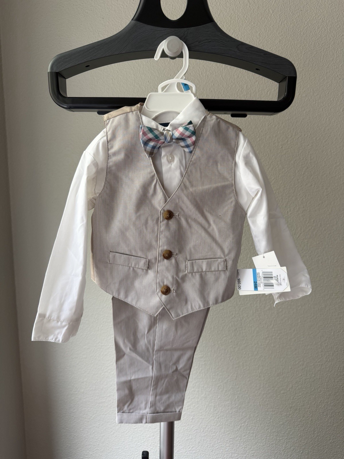Nautica Boys 24M 4-Piece Formal Cotton Pinstripe Set Shirt Vest Pants Bow Tie