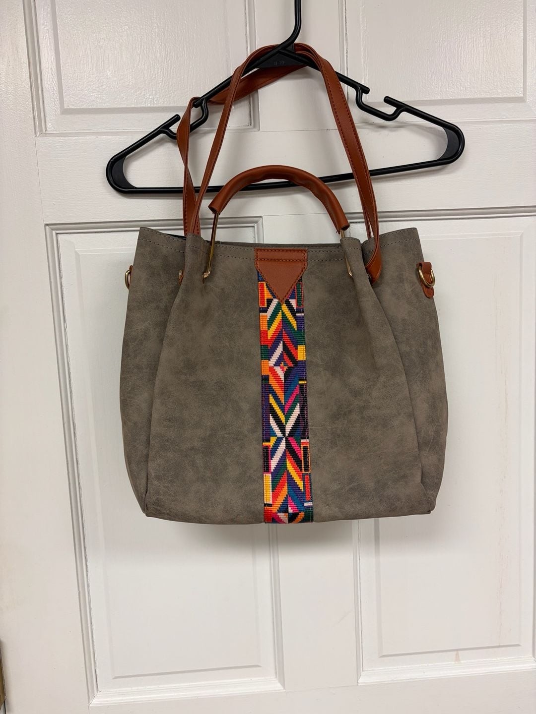 Grey Faux Suede Convertible Tote Bag with Aztec Embroidered Strap