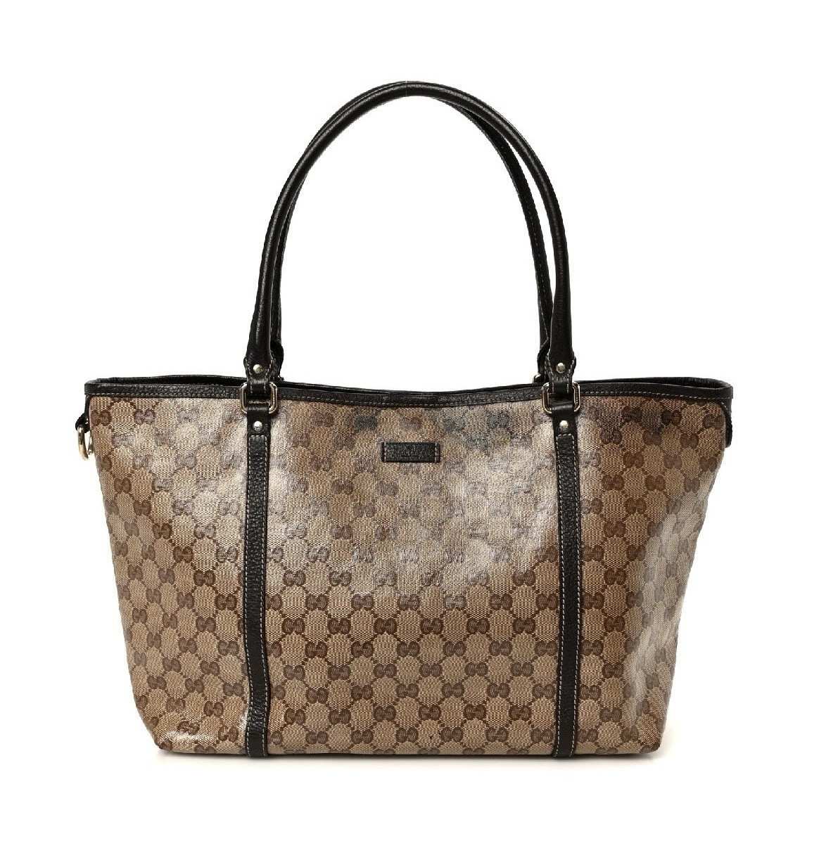 Gucci GG Monogram Coated Tote Bag Beige Brown Black Double Handles Gold HW