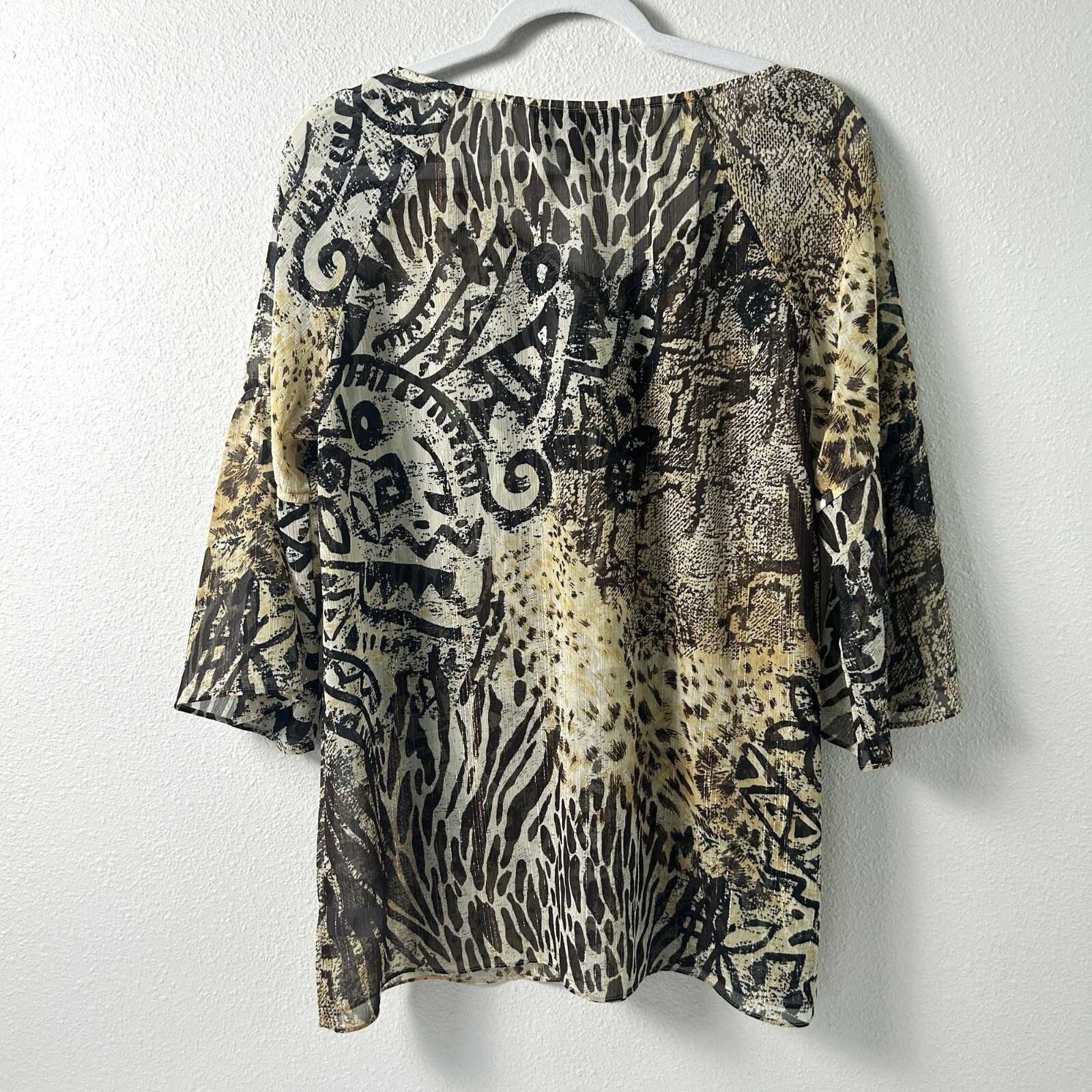 Susan Graver Tunic Top Womens Size M Brown Tan Chiffon Animal Print Metallic