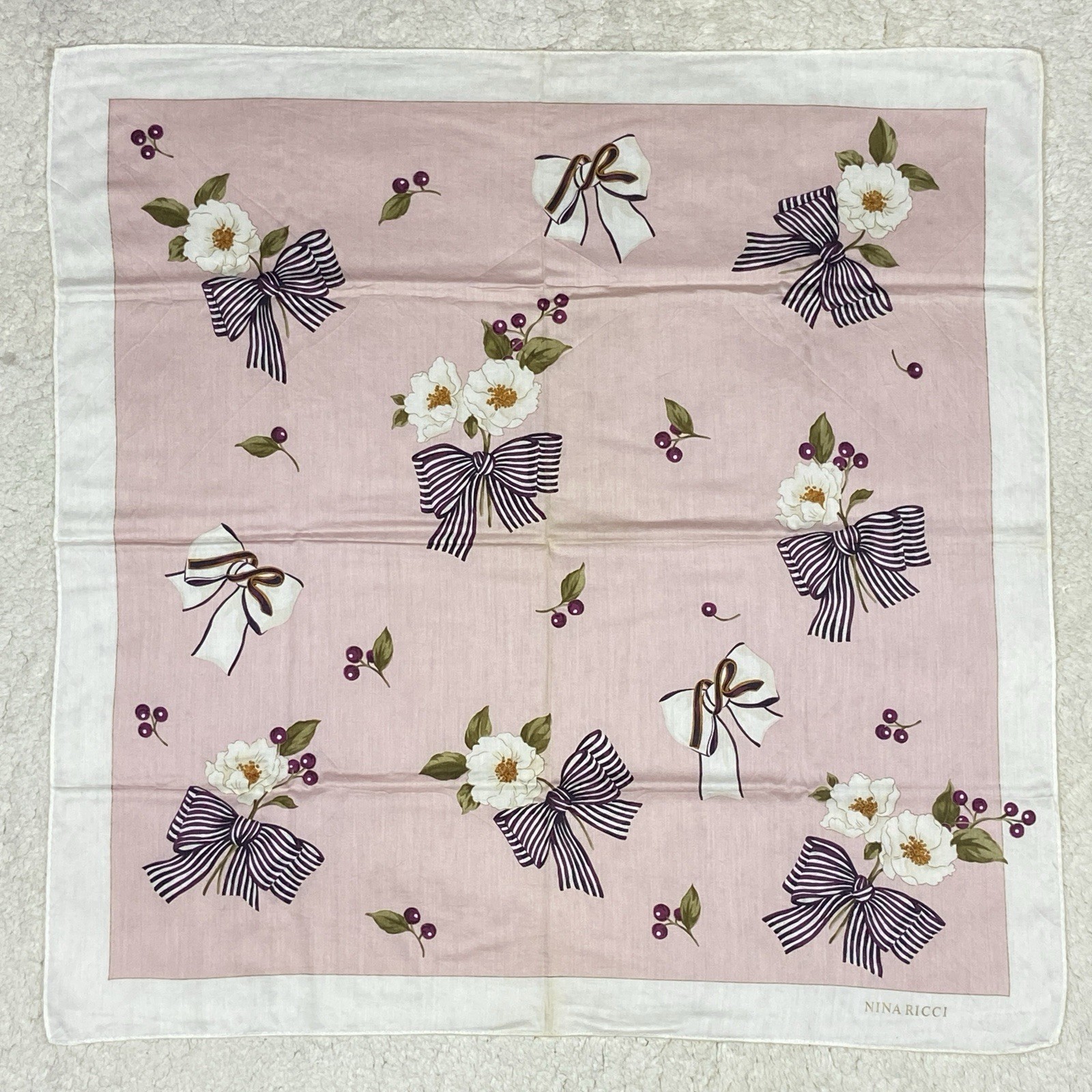 Nina Ricci Pocket Square Cotton Floral Bow Pink White 22”X22” Vintage
