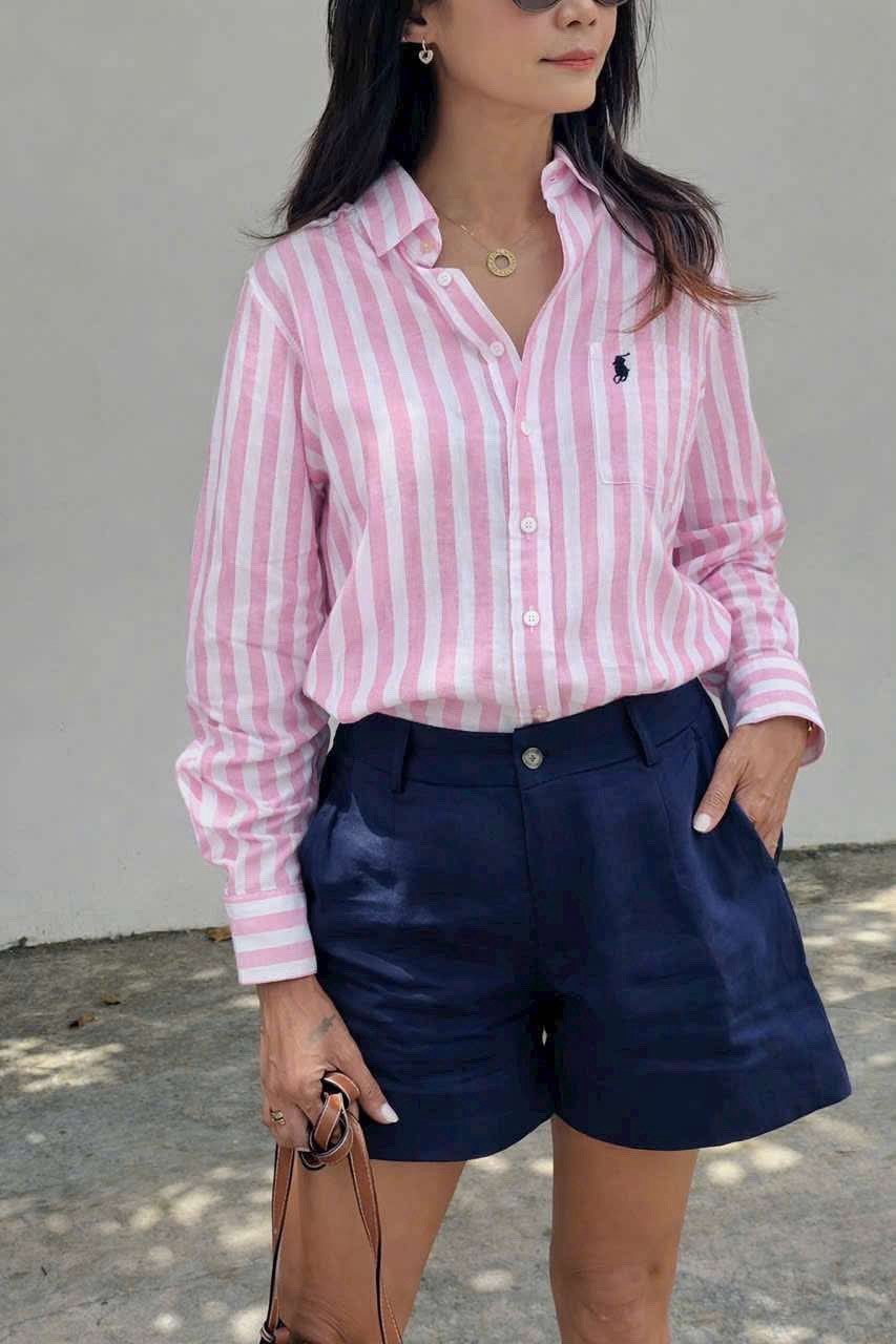 Ralph Lauren Women’s Pink White Striped Collared Long Sleeve Button-Up Shirt