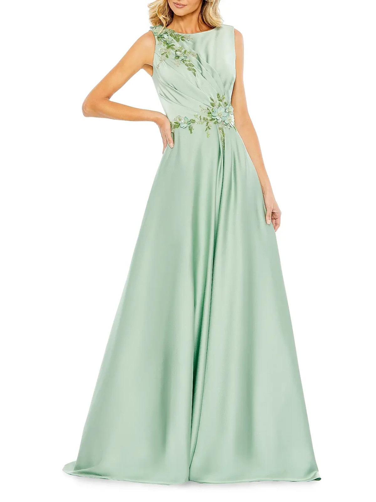 Mac Duggal Sage Green Floral Applique Sleeveless A Line Gown Size 10 $898