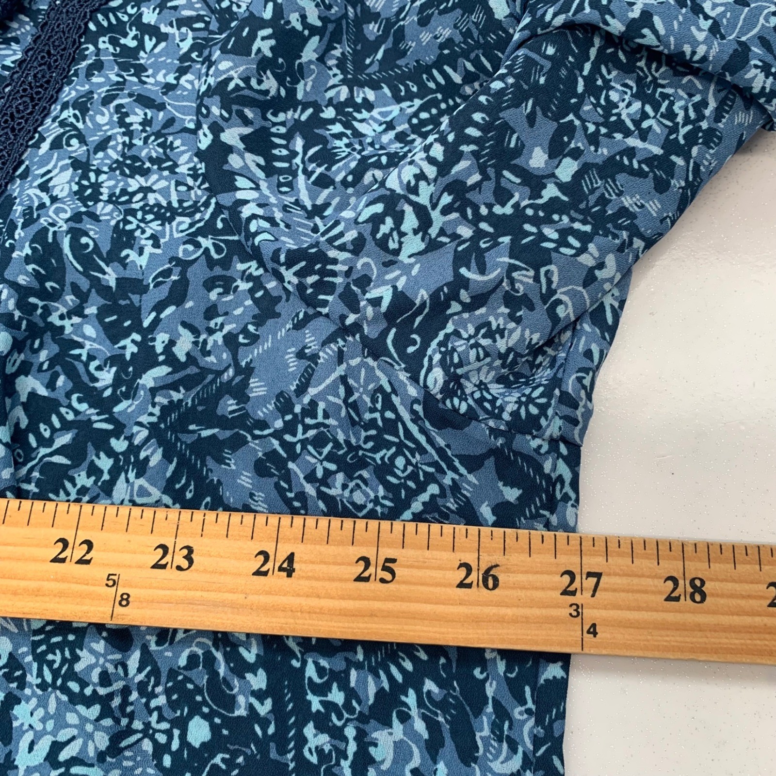 Lane Bryant Blue Paisley Crochet Trim Blouse 22/24 Boho Peasant Ling Sleeve