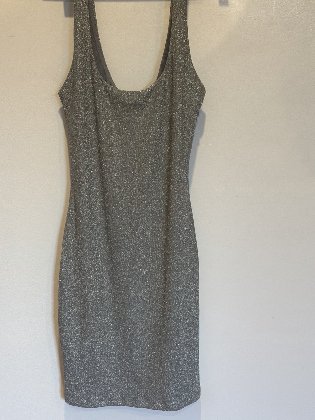 Bershka Silver Glitter Knit Bodycon Dress L Scoop Neck Sleeveless Stretch