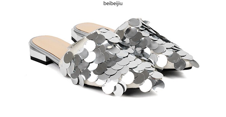 Glitter Sequins Women’s Flat Slipper Pointed Toe Mules Sandals Casual 46/47/48