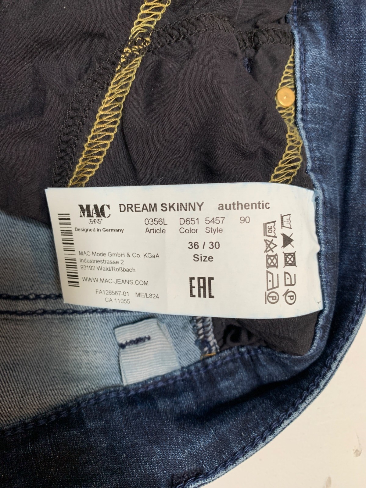 MAC Dream Authentic Skinny Jeans 36/30 Dark Wash Cotton/Polyester Blend