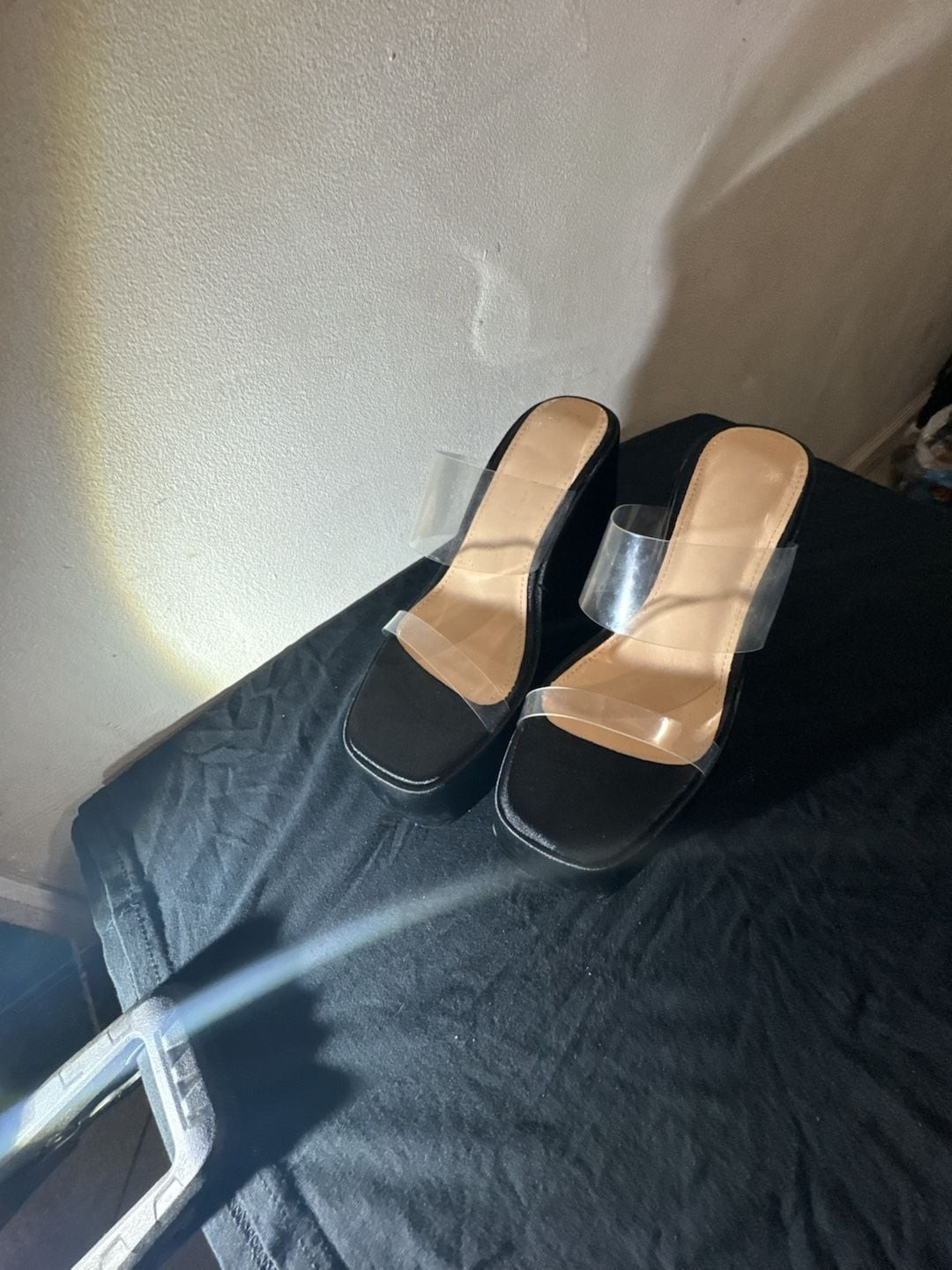 SHEIN Black Clear Double Strap Platform Wedge Sandals