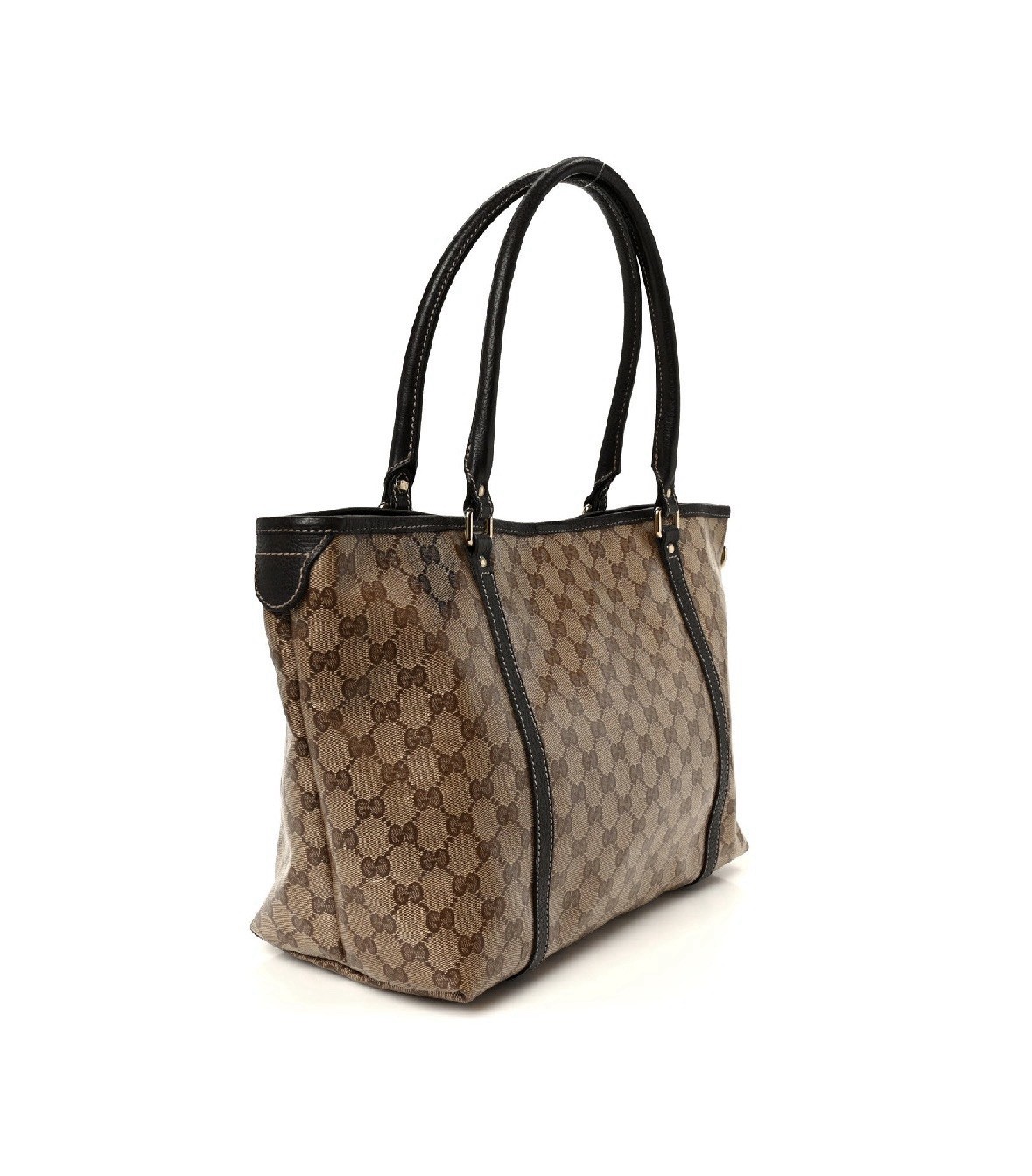 Gucci GG Monogram Coated Tote Bag Beige Brown Black Double Handles Gold HW