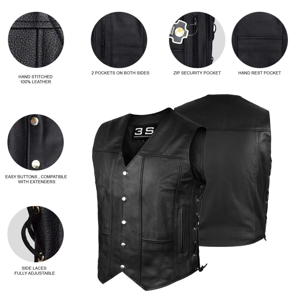 Mens Genuine Leather 10 Pockets Motorcycle Biker Vest Laces Black Brown All Size