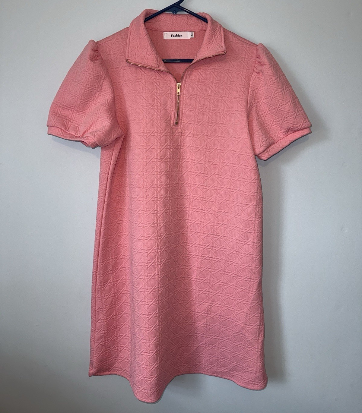 Fashion Pink Geometric Jacquard Collared Half Zip Shift Puff Sleeve Dress M