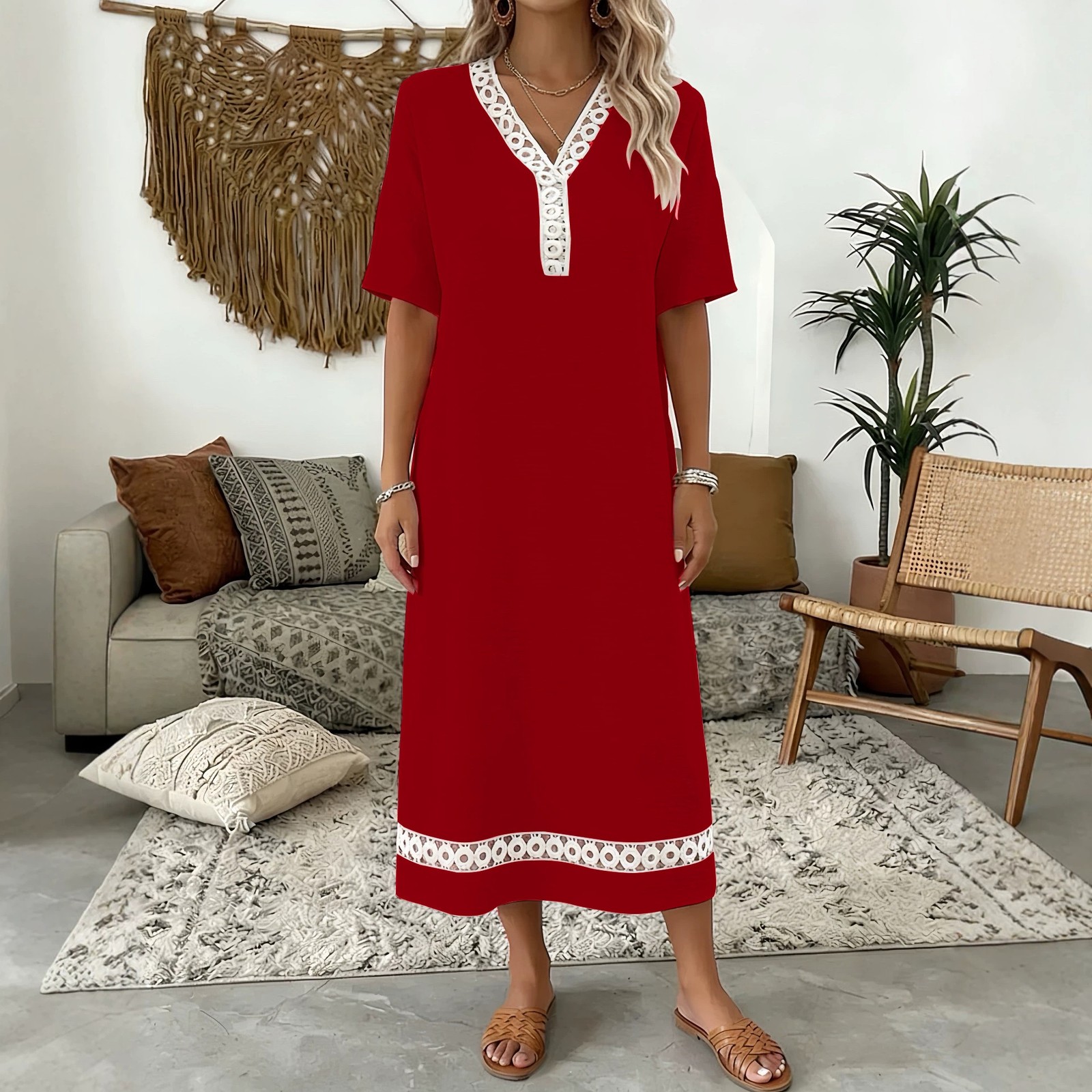 NEW Fashionable And Elegant Lace-panel Womens Long-sleeve Midi Dress For Summer