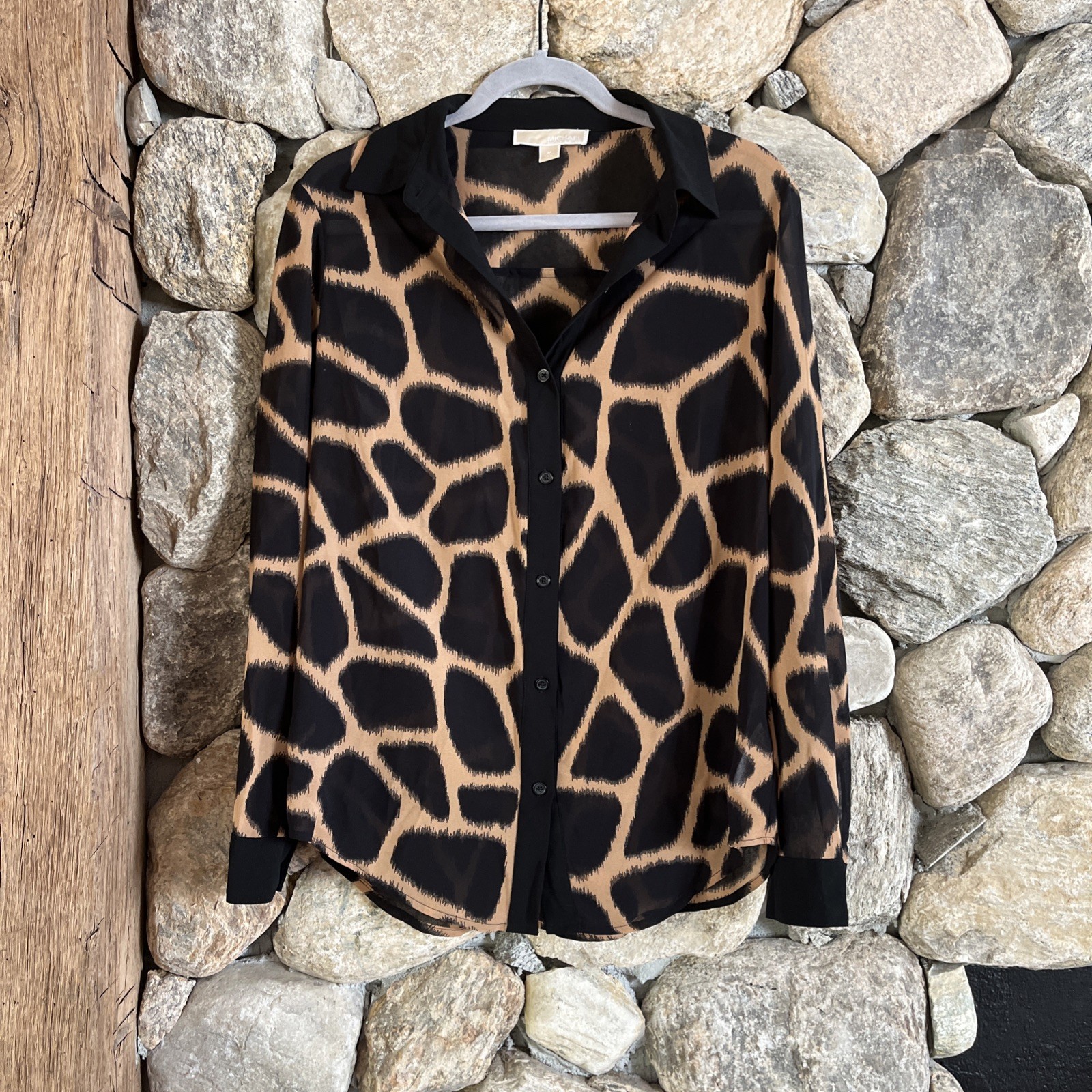 MICHAEL KORS GIRAFFE ANIMAL PRINT Button Up TOP BLOUSE NWOT Medium Collar