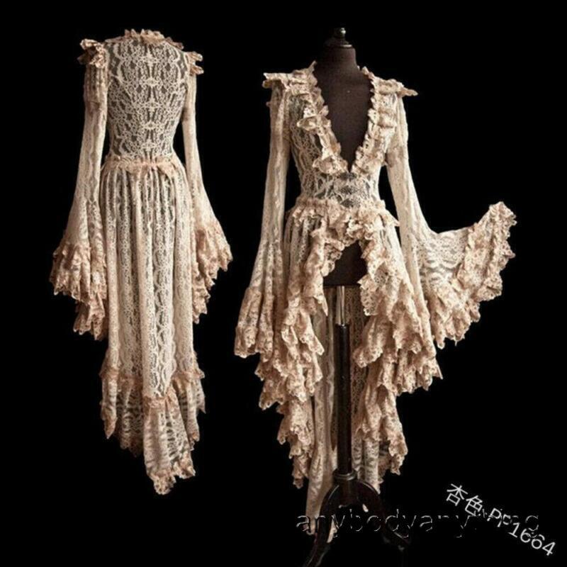 Womens Deep V Neck Lace Long Dress Gothic Lolita Long Dress Medieval Dress Skirt