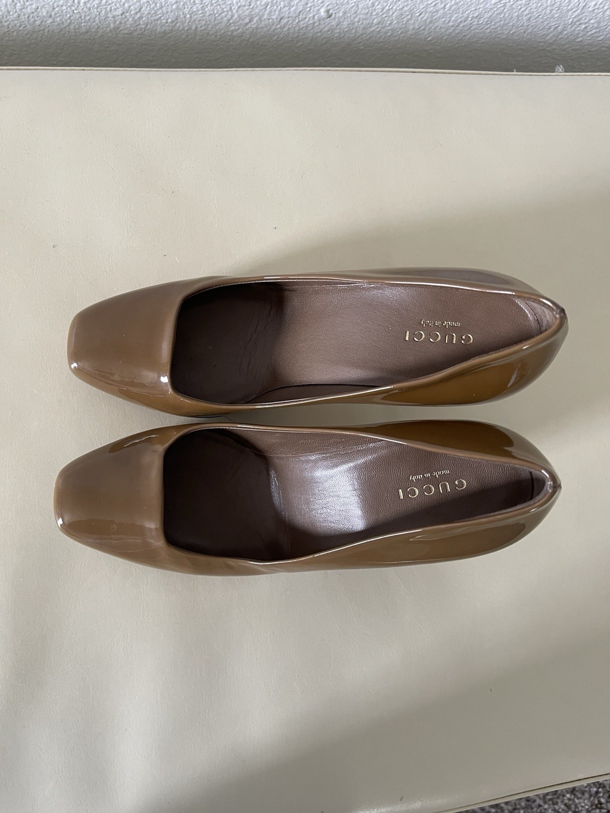 Gucci Women’s Brown Patent Leather Square Toe Slip On Pump Heels US 6.5