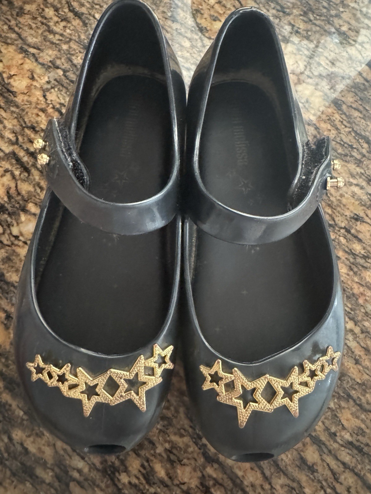 Mini Melissa Black Mary Jane Flats Gold Star Accent Ankle Strap Buckle 10
