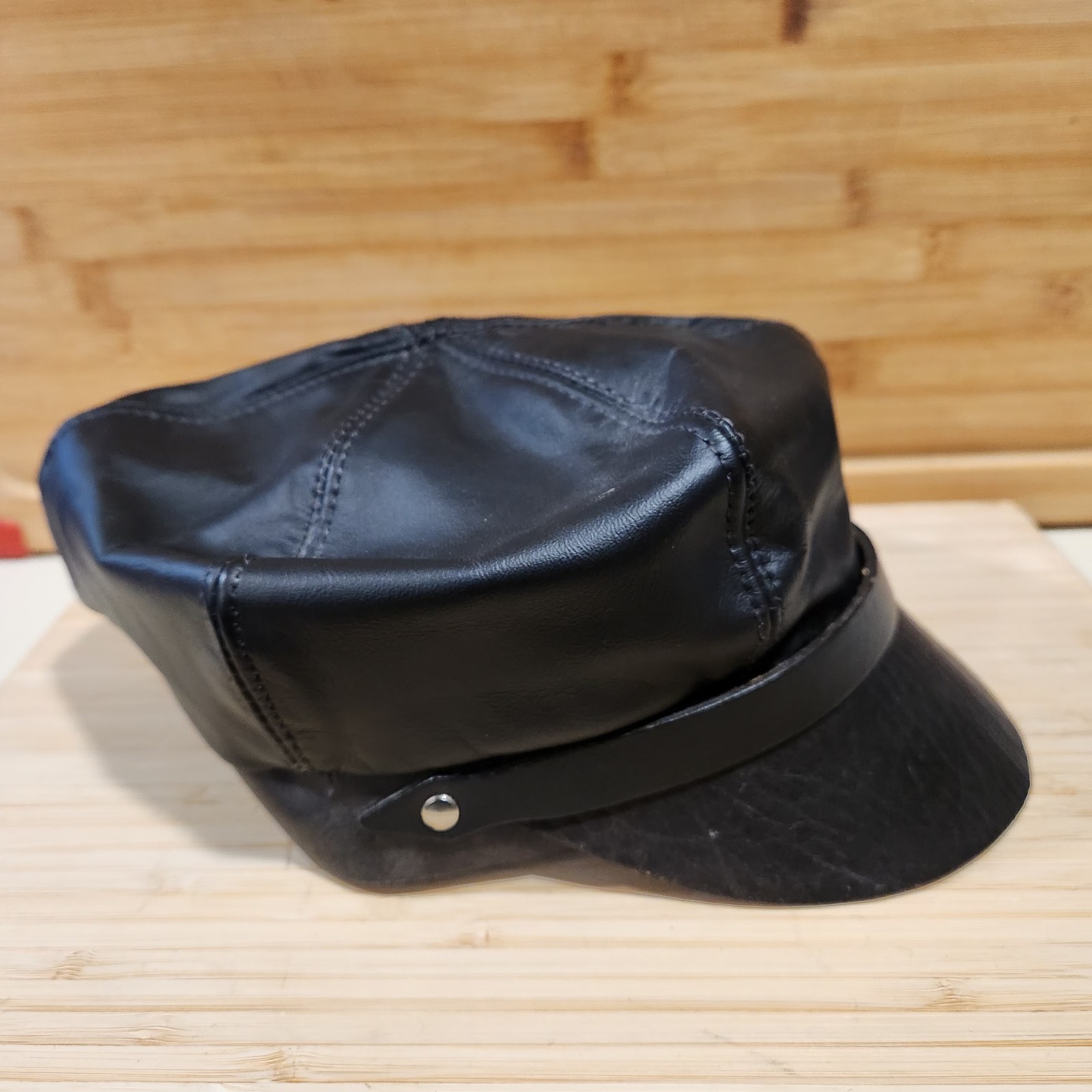 Vintage Black Leather Captains Motorcycle Biker Cap Mens Hat Adjustable Strap