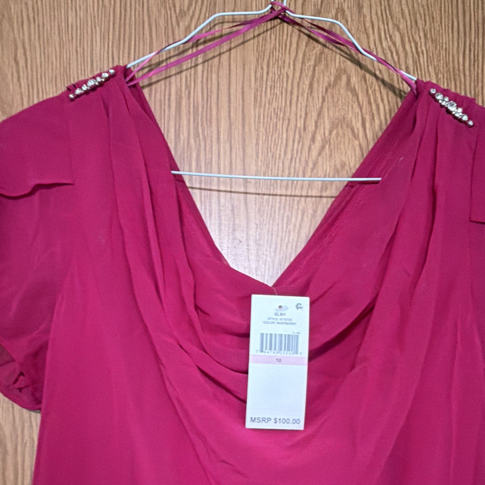 SLNY Raspberry Cowl Neck Rhinestone Shoulder A-Line Knee Dress 10 9170725