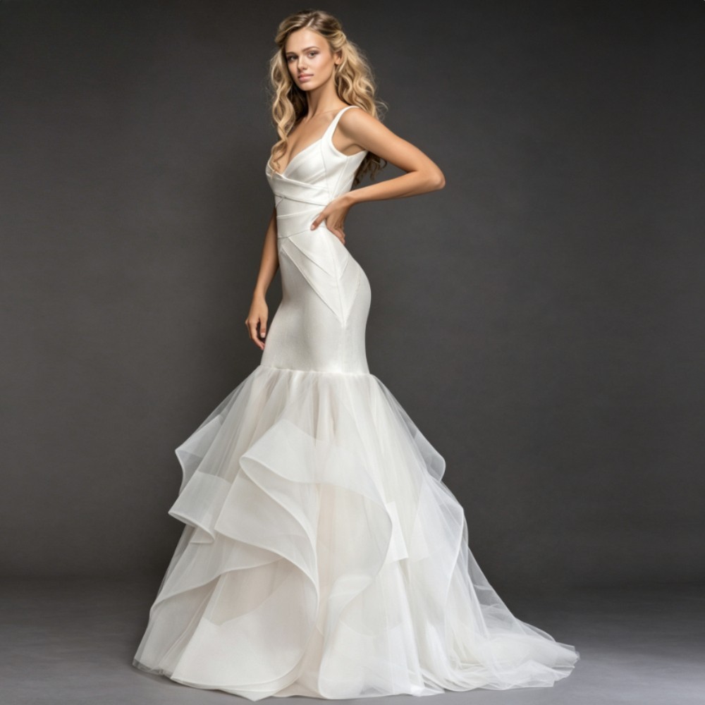 Satin V Strap Mermaid Wedding Dresses Tiered Ruffle Tulle Train Bridal Gowns