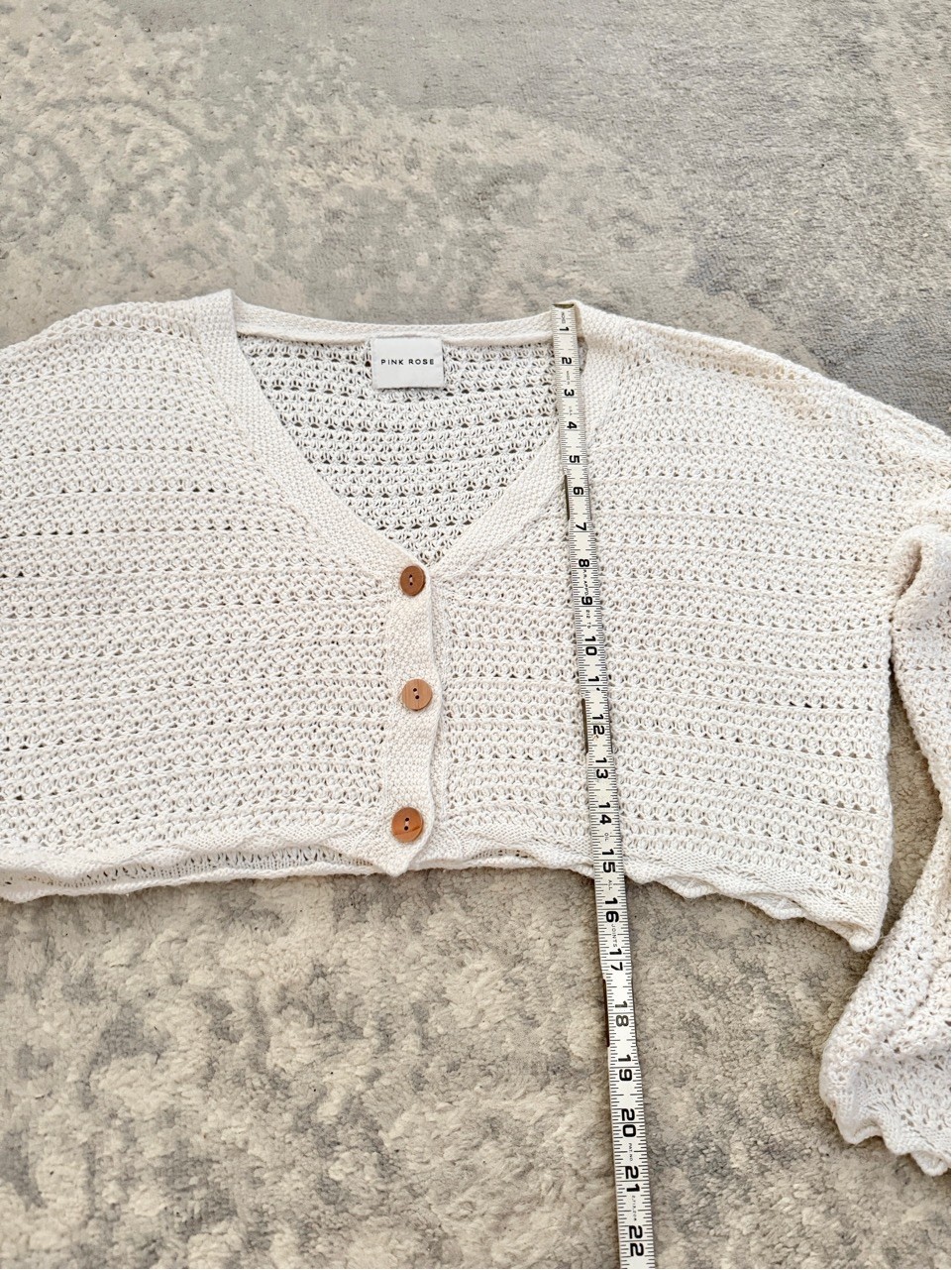 Y2K Boho Crochet Knit Cropped Cardigan Shrug Open Knit Wooden Buttons Size M