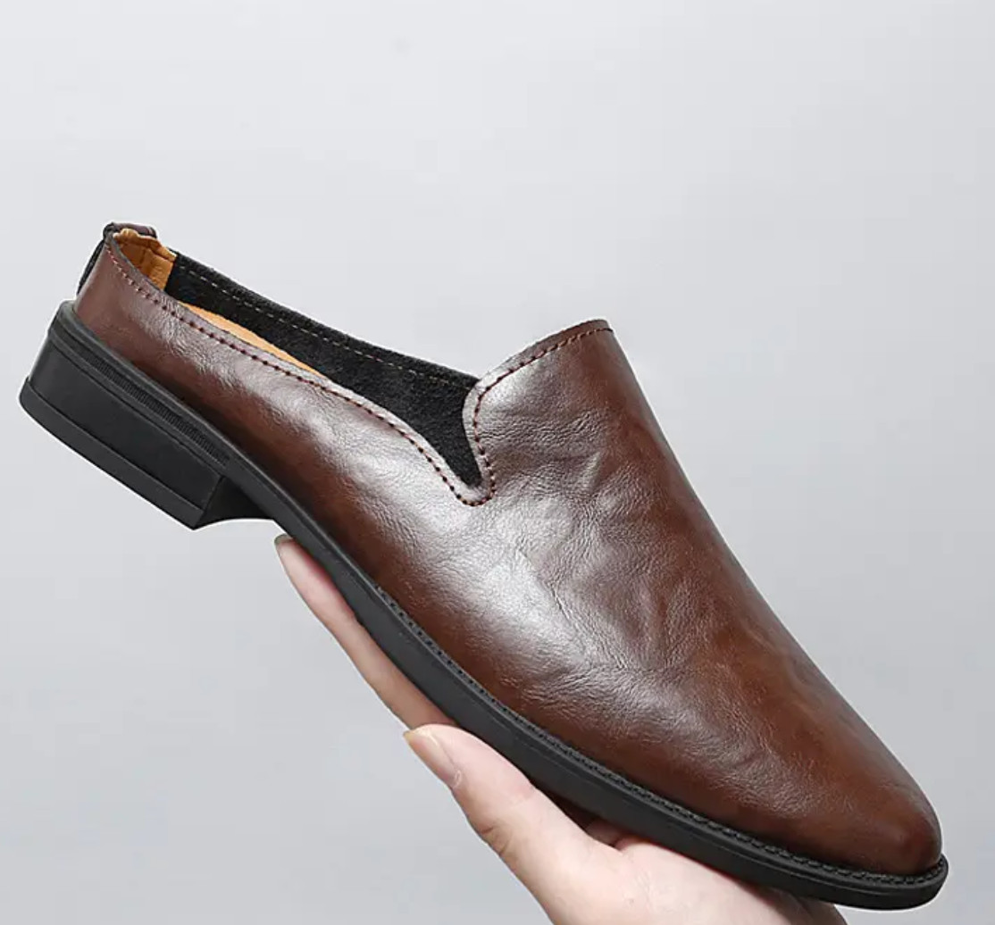 Mens Summer Mules Leather Slippers Closed Toe Slip On Casual Shoes Loafer 2025