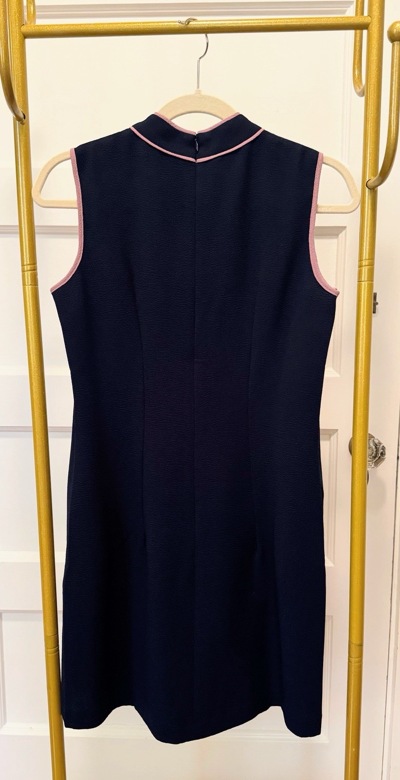 Stefanel Navy w/ Pink Trim Shift Dress Mock Neck Sleeveless Zip, Size 6