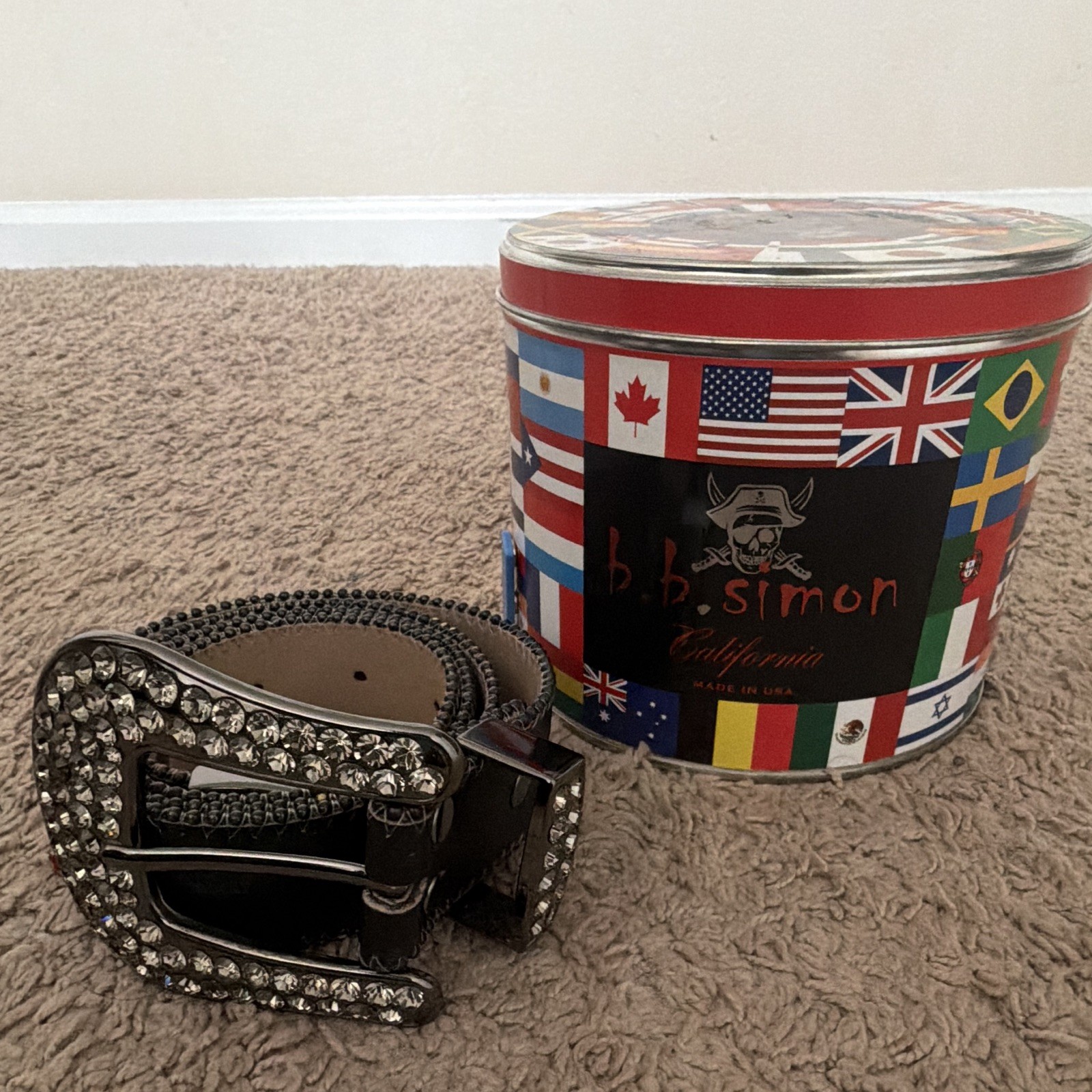 b.b.simon Men’s Black Rhinestone Studded Belt Size 40 Adjustable 1.5 in