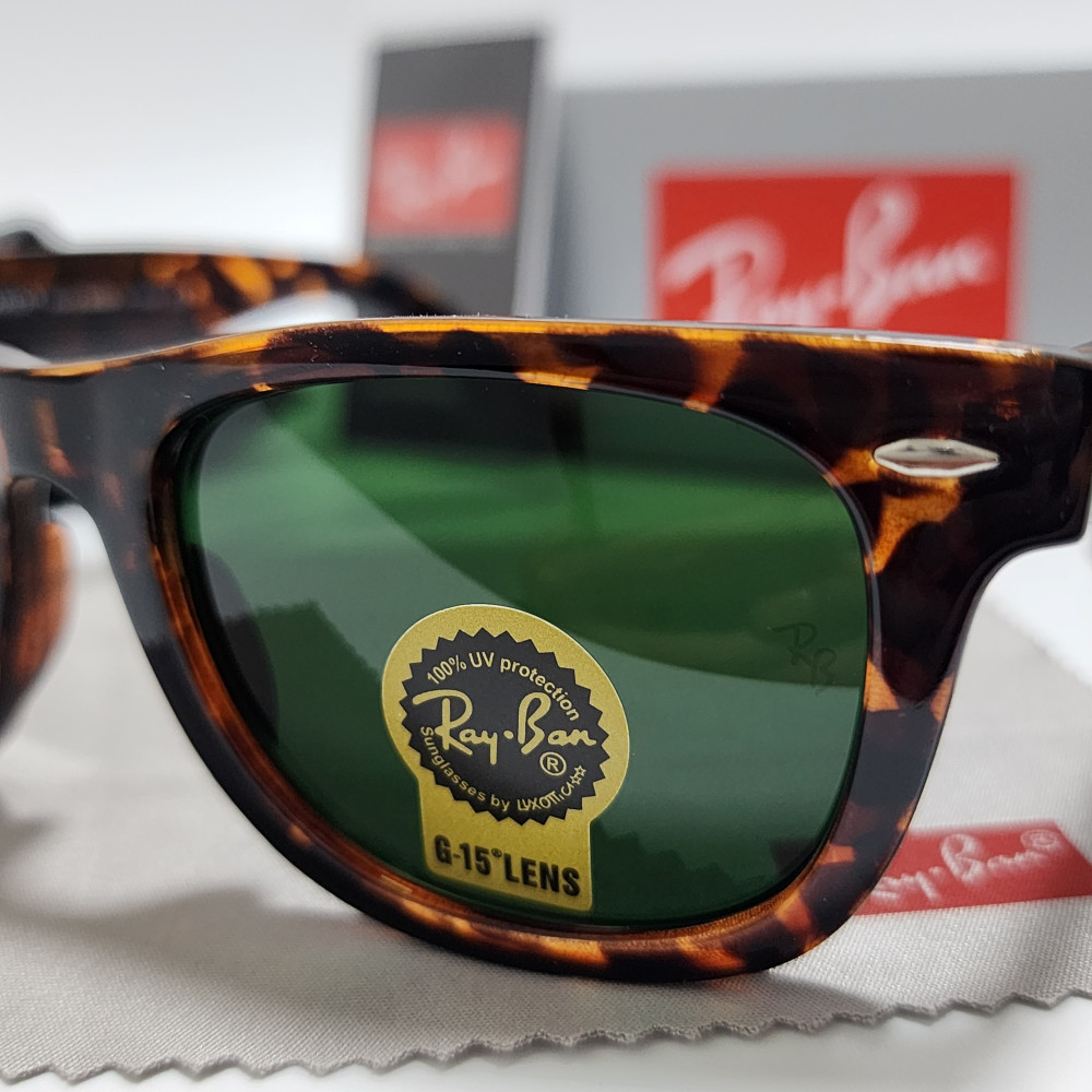 Ray-Ban Wayfarer RB2140 Sunglasses Glossy Black Frame Glass Green Lens 50mm