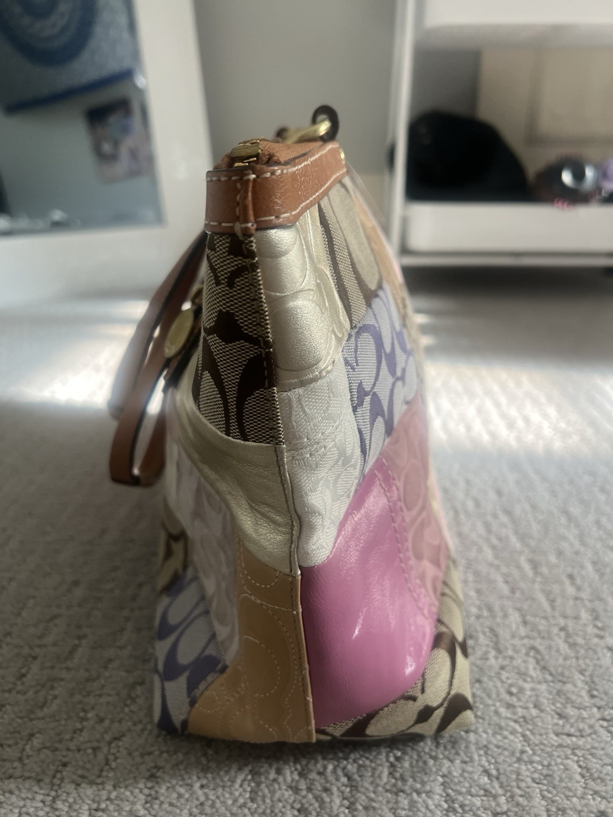 Coach Patchwork Multicolor Tote Zip Top Gold Hardware Charm Inner Pockets