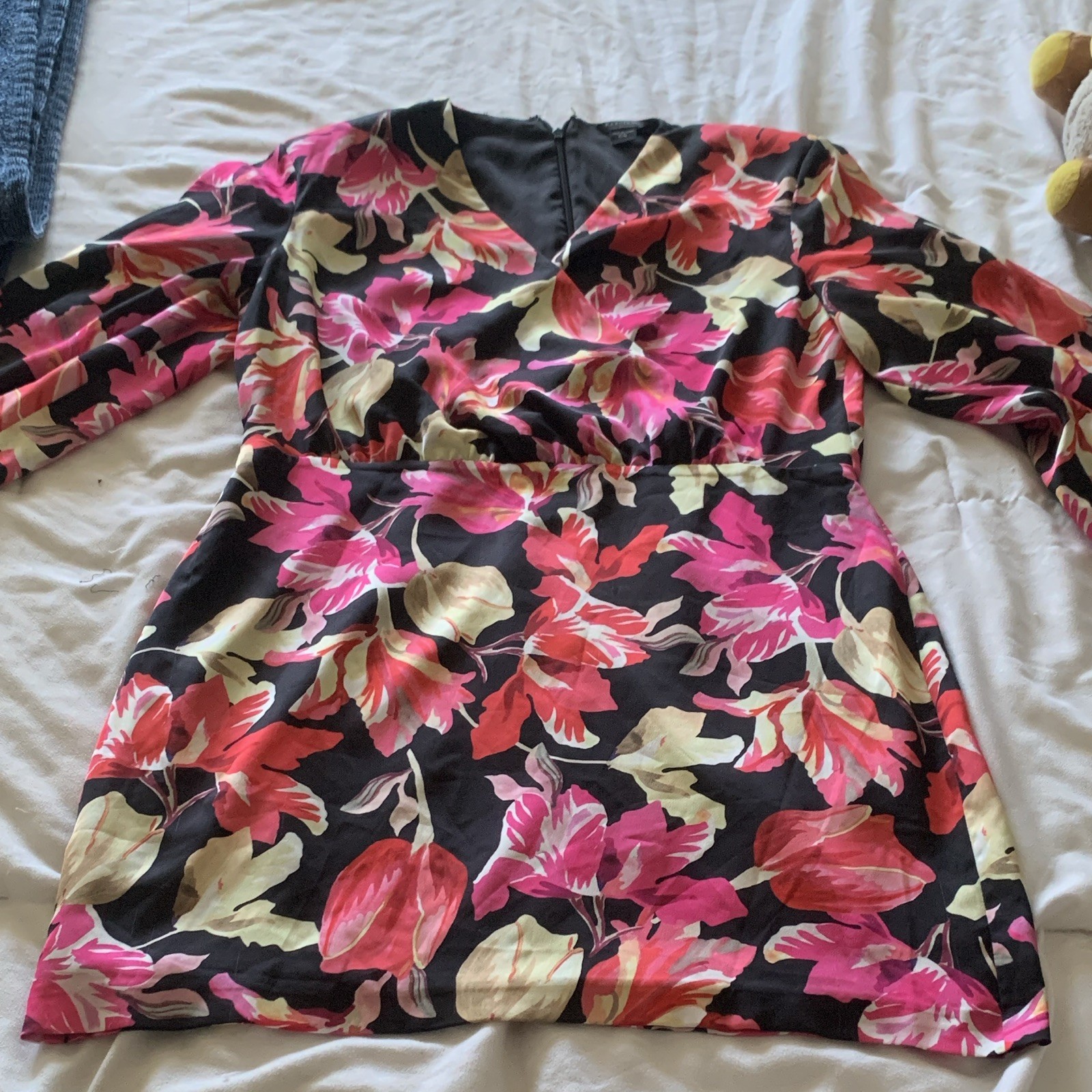 Marciano Los Angeles Floral V-Neck Long Sleeve A-Line Short Dress L Zip