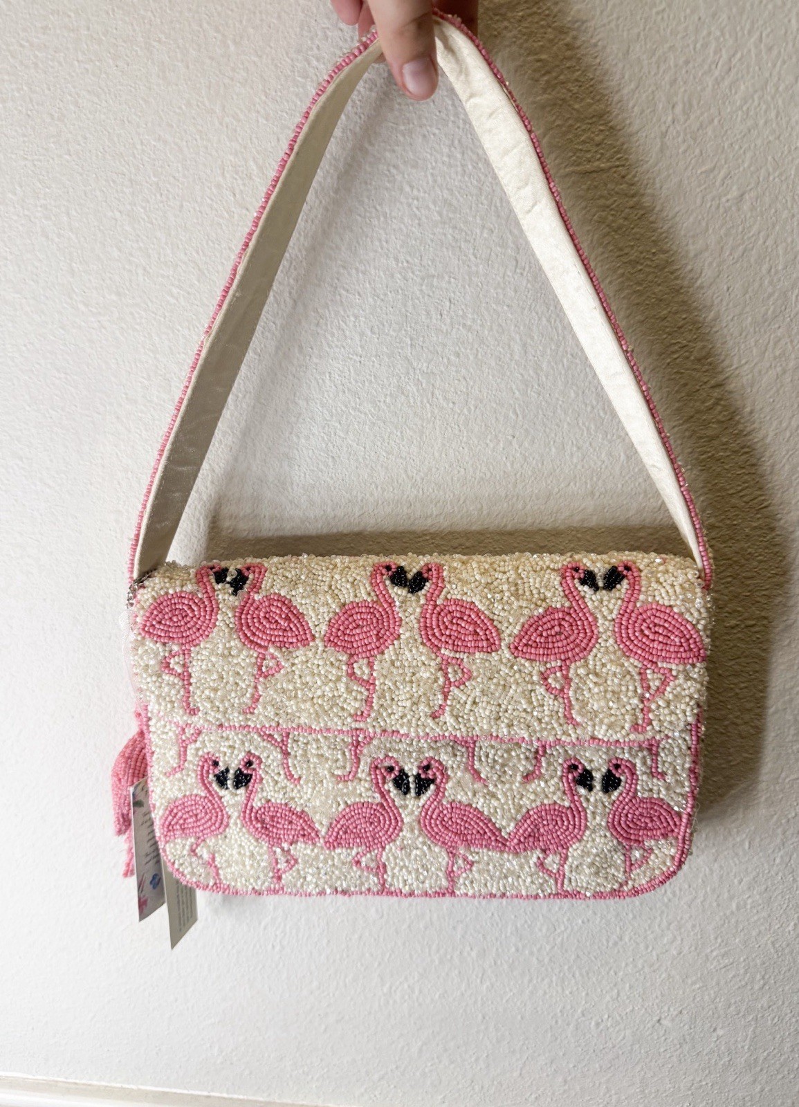 Beaded Flamingo Small Rectangle Shoulder Bag Zip Silver Hardware Beige Pink