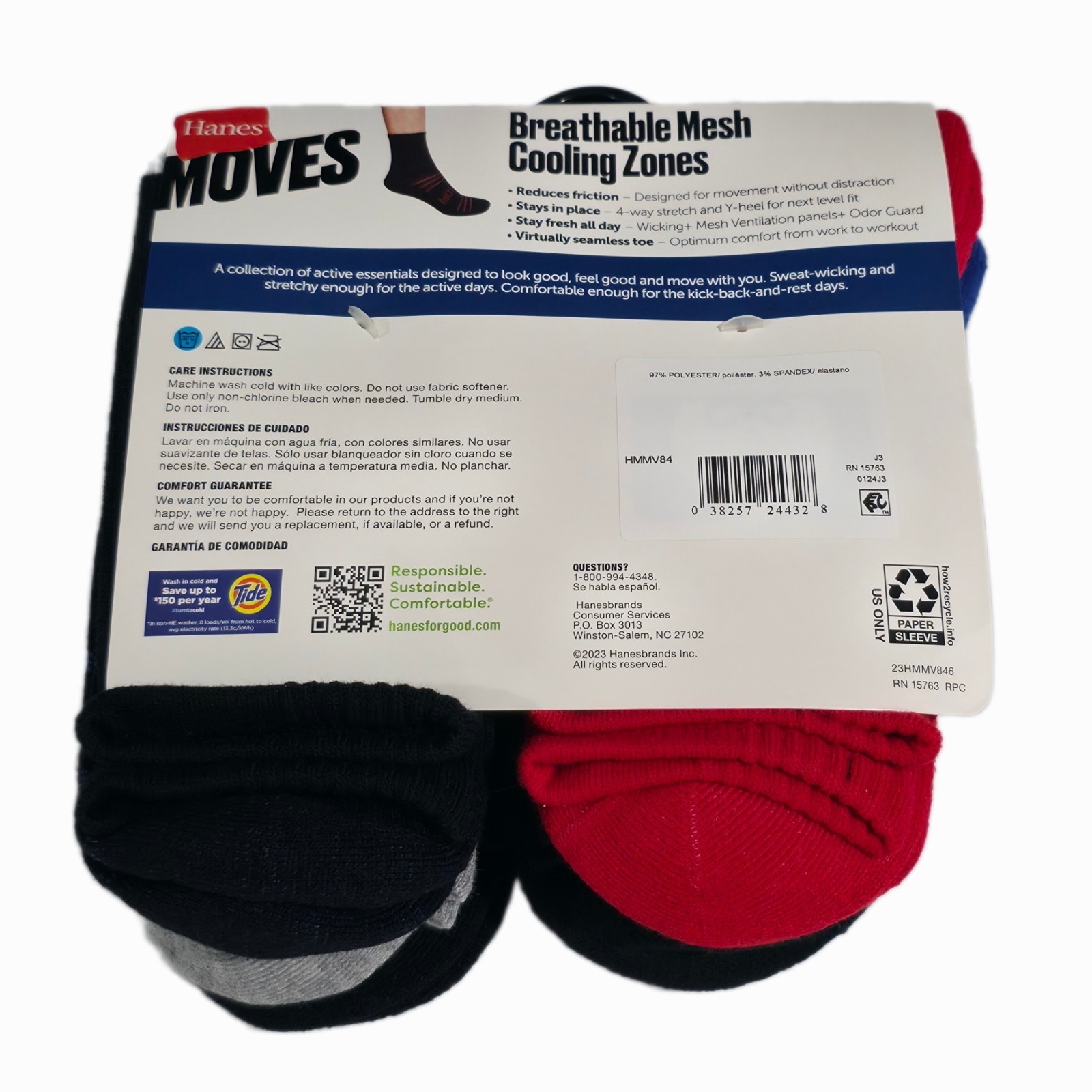 Hanes Moves Men’s Mid Crew Socks 6 Pairs Size 6-12 Black Red Gray Blue