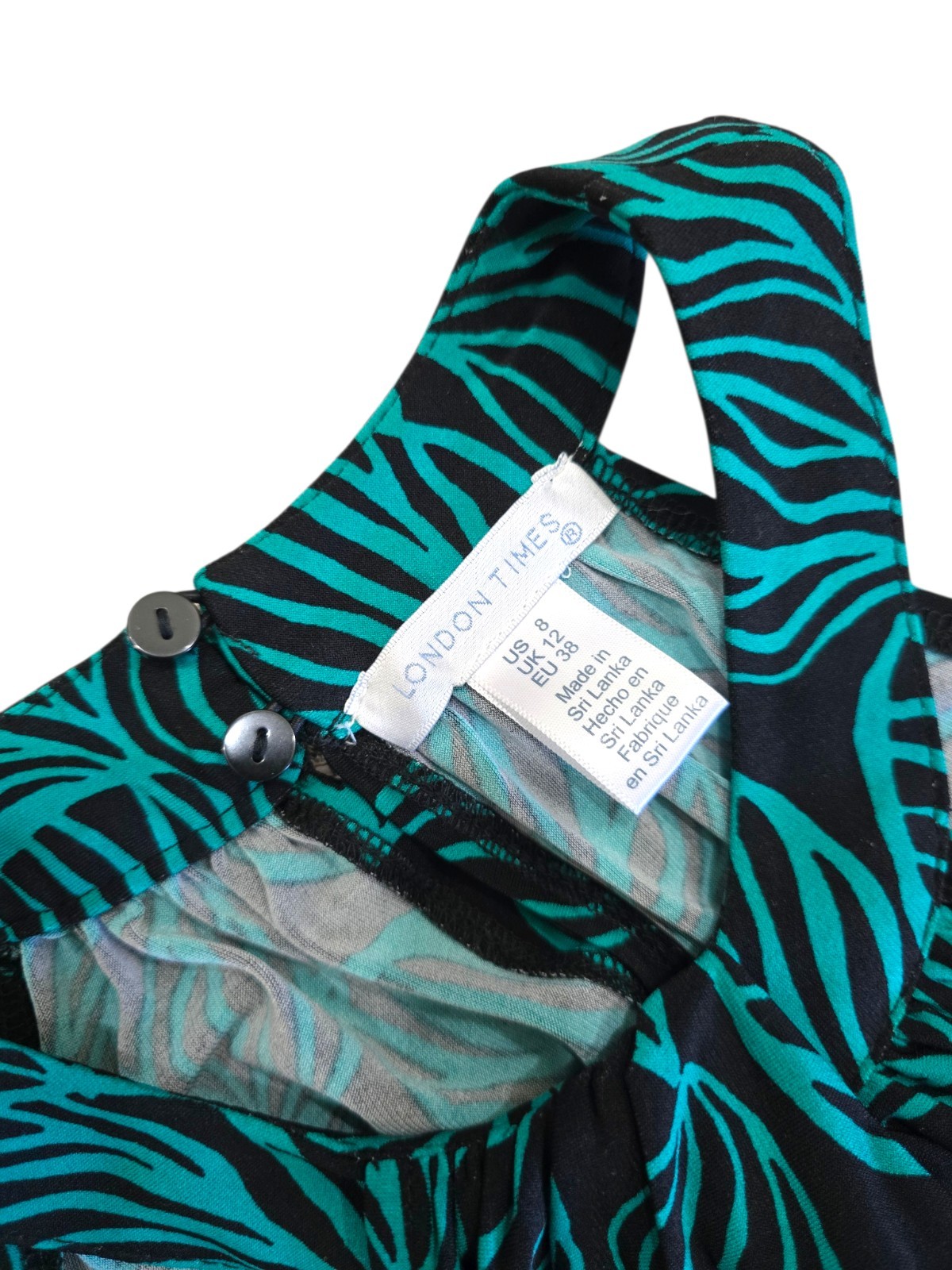 London Times Multi Print High Neck Maxi Dress with side Slit Black Aqua Sz 8 NWT