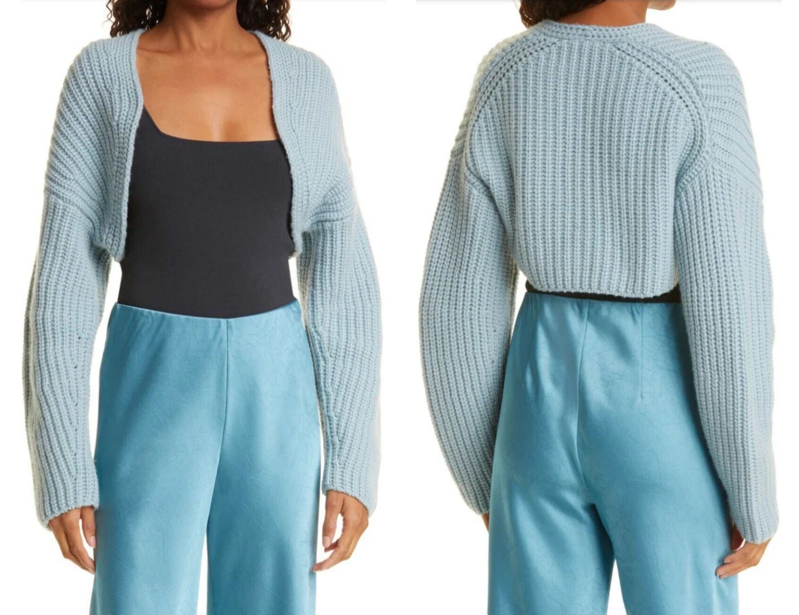 VINCE Lofty Rib Bolero Shrug Cardigan in Pale Blue Wool Cashmere Crop M/L – NWT