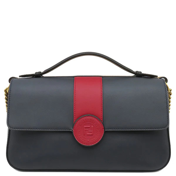 FENDI Double F Chain Shoulder Bag 8BT297 Leather Navy×Red Unisex #HDB508