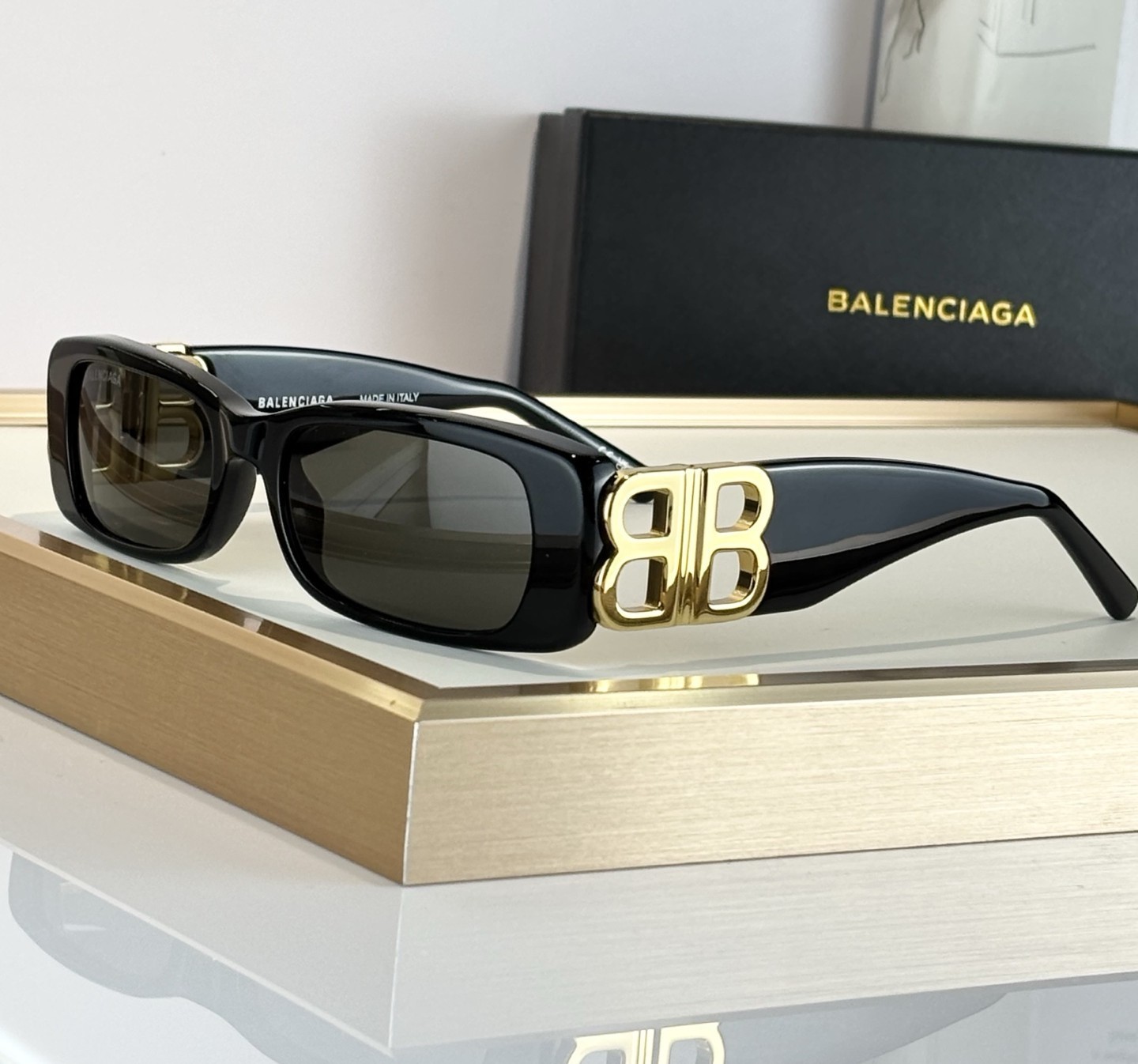 New Balenciaga BB0096S Black/Grey Lens Gold BB Rectangle Unisex Sunglasses