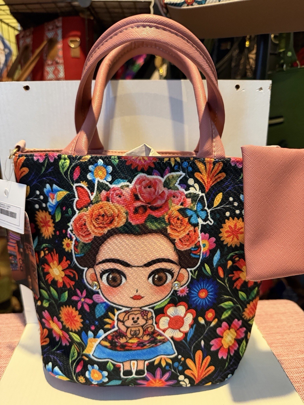 Frida Kahlo Floral Embroidered Tote Bag Zip Closure Detachable Strap Pink