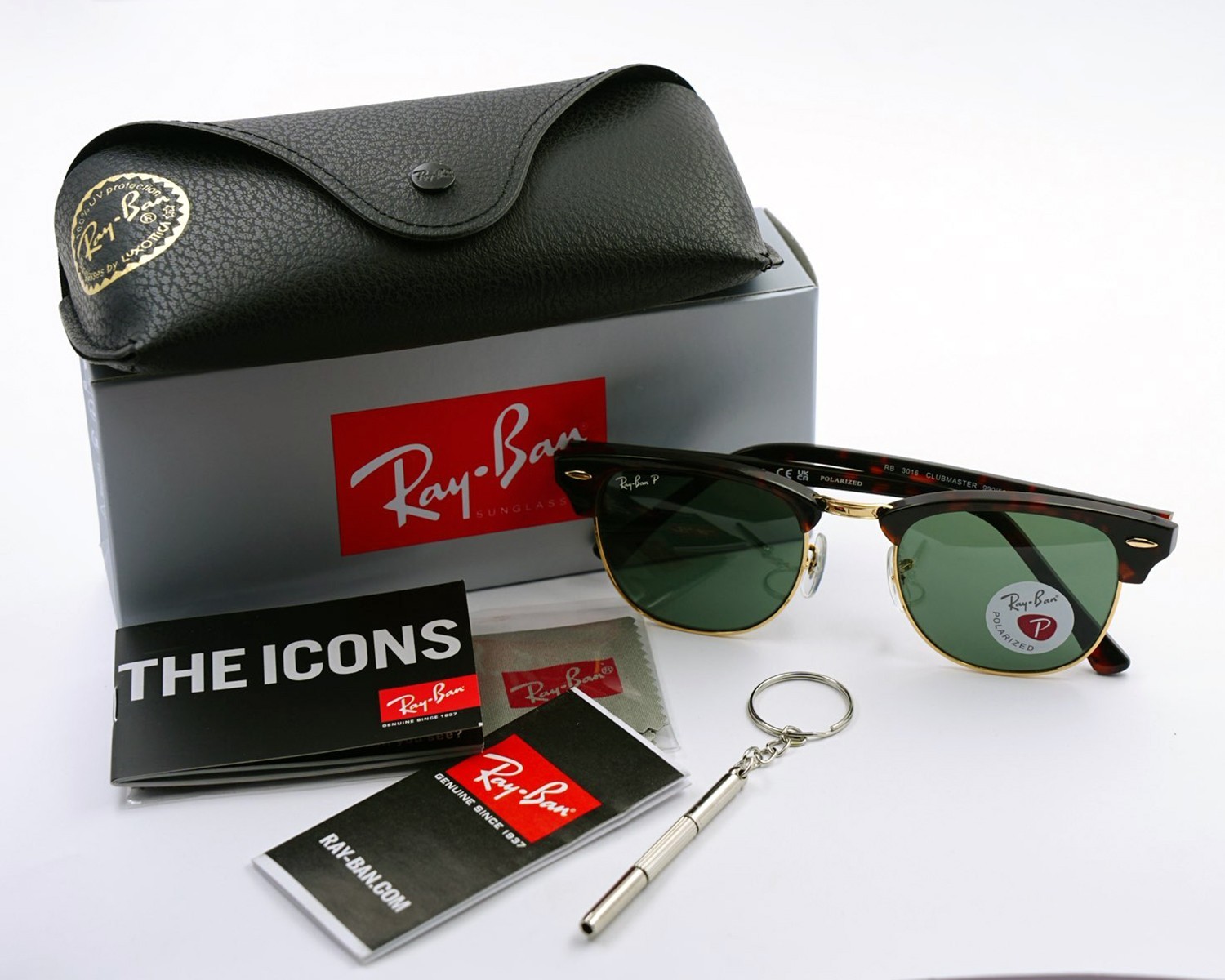 Ray-Ban Sunglasses RB3016 Clubmaster Tortoise Frame Polarized Green Lens 51mm