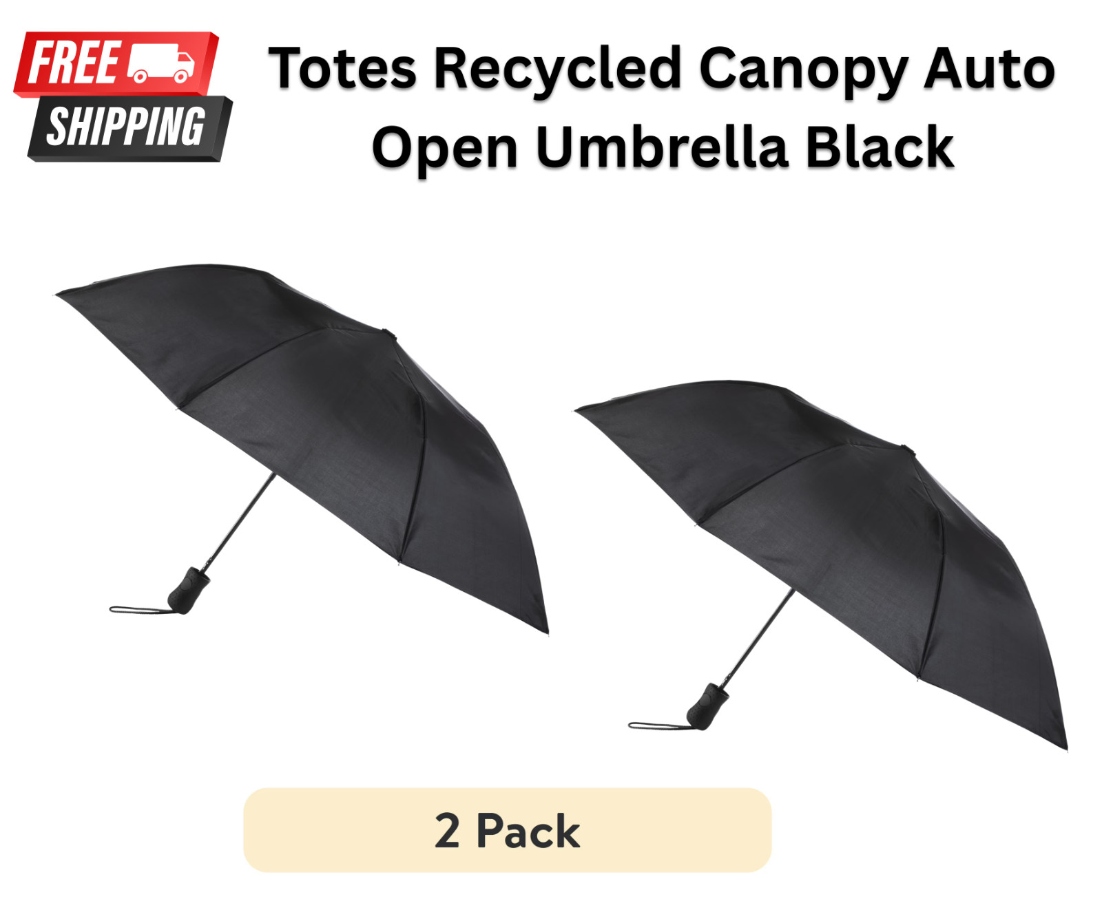 ( 2 PACK ) Totes – Black – Auto Open Umbrella With NeverWet – Recycled Fabric