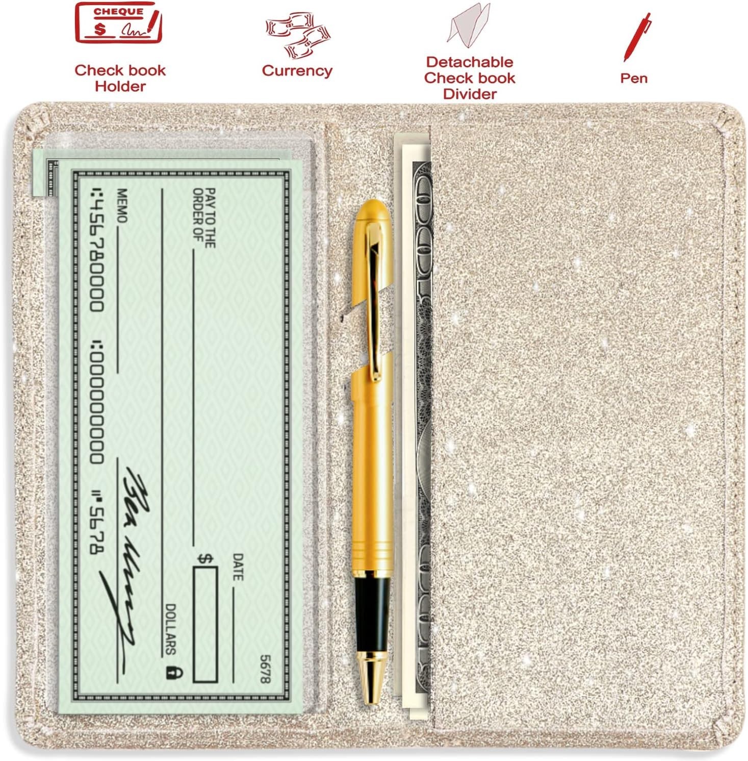 Sanlykate Glitter Checkbook Cover RFID PU Leather Case w Pen Holder Champagne