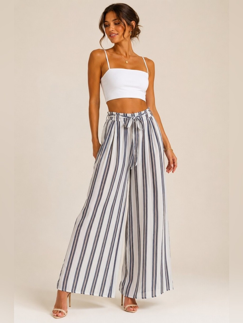 Simplee White Stripe Wide Leg Palazzo Pants Tie Waist Resort Beach Pants Size S