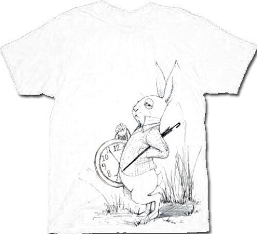 Adult Men’s White Fiction Movie Alice in Wonderland Rabbit Clock T-Shirt Tee