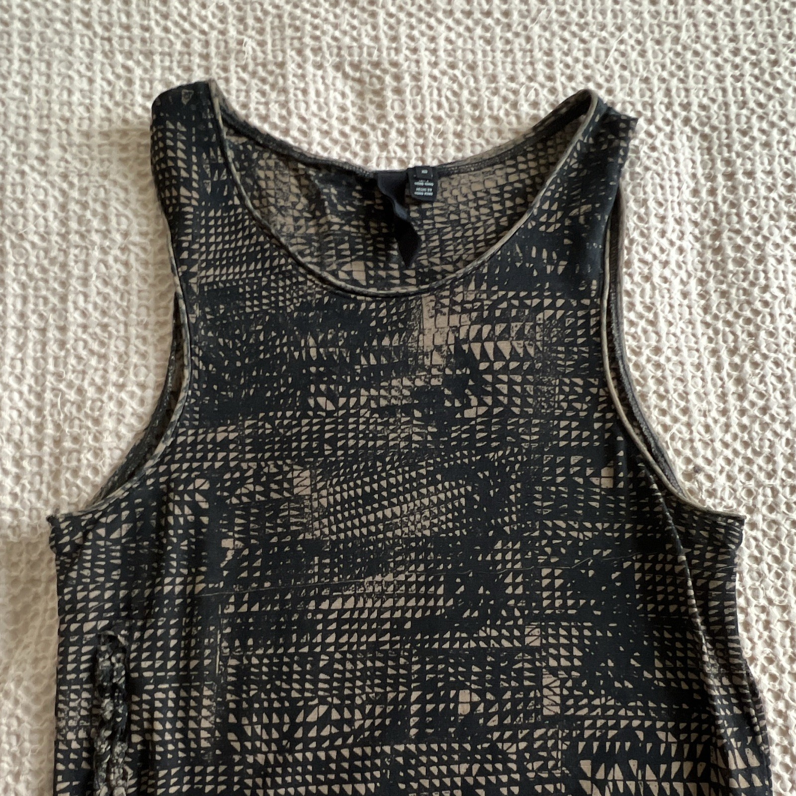 Edun Shift Dress XS Black Beige Geometric Knit Cotton Midi Sleeveless