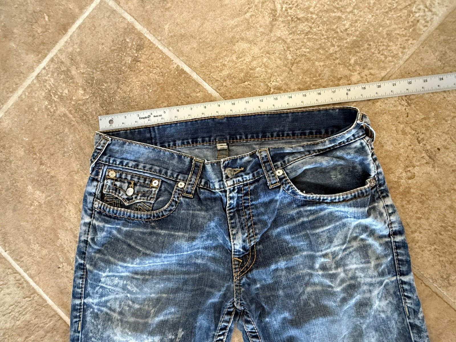 True Religion Rare Stone Wash Acid Jeans Relaxed Straight Flap Blue 38×31