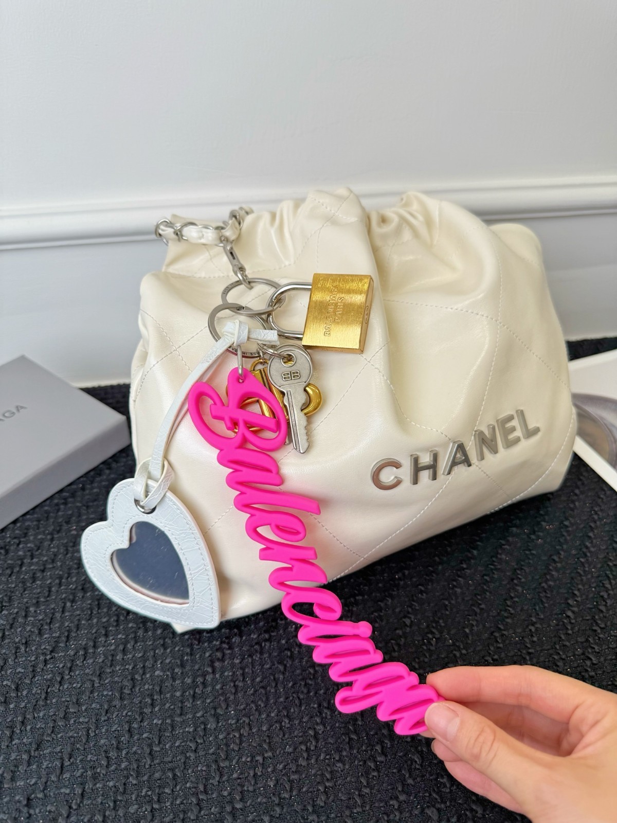 Balenciaga Multi Badge Keychain White Heart Hot Pink Script Logo Bag Charm