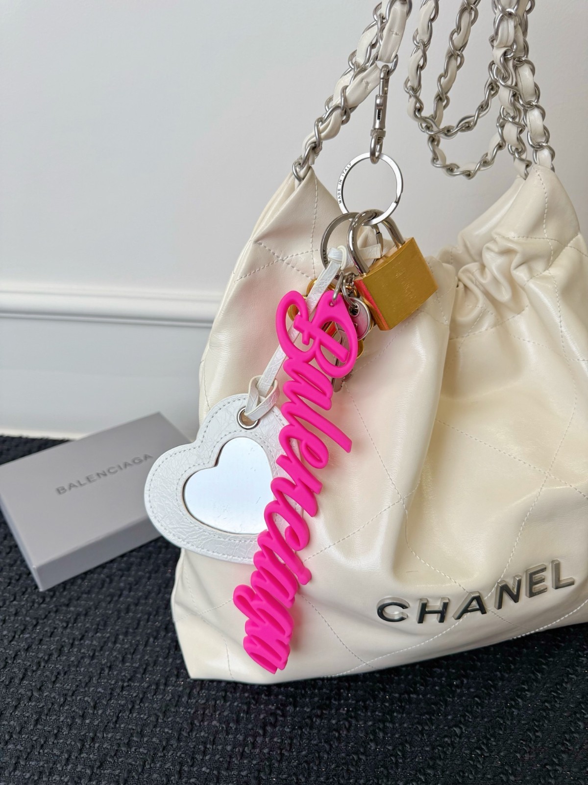Balenciaga Multi Badge Keychain White Heart Hot Pink Script Logo Bag Charm
