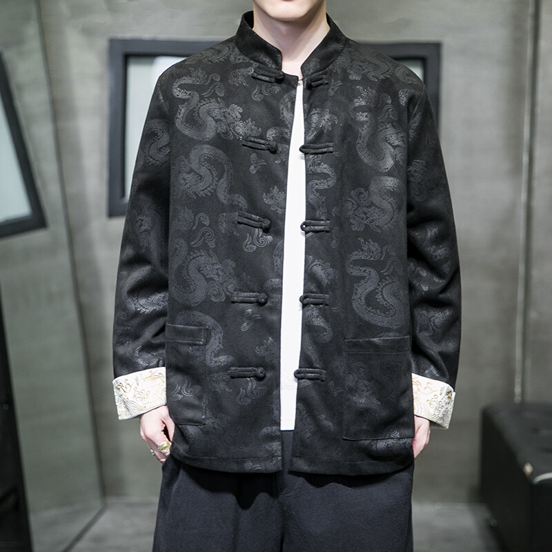 2026 Casual Mens Chinese Style Dragon Pattern Jacquard Hanfu Jackets Coats Retro